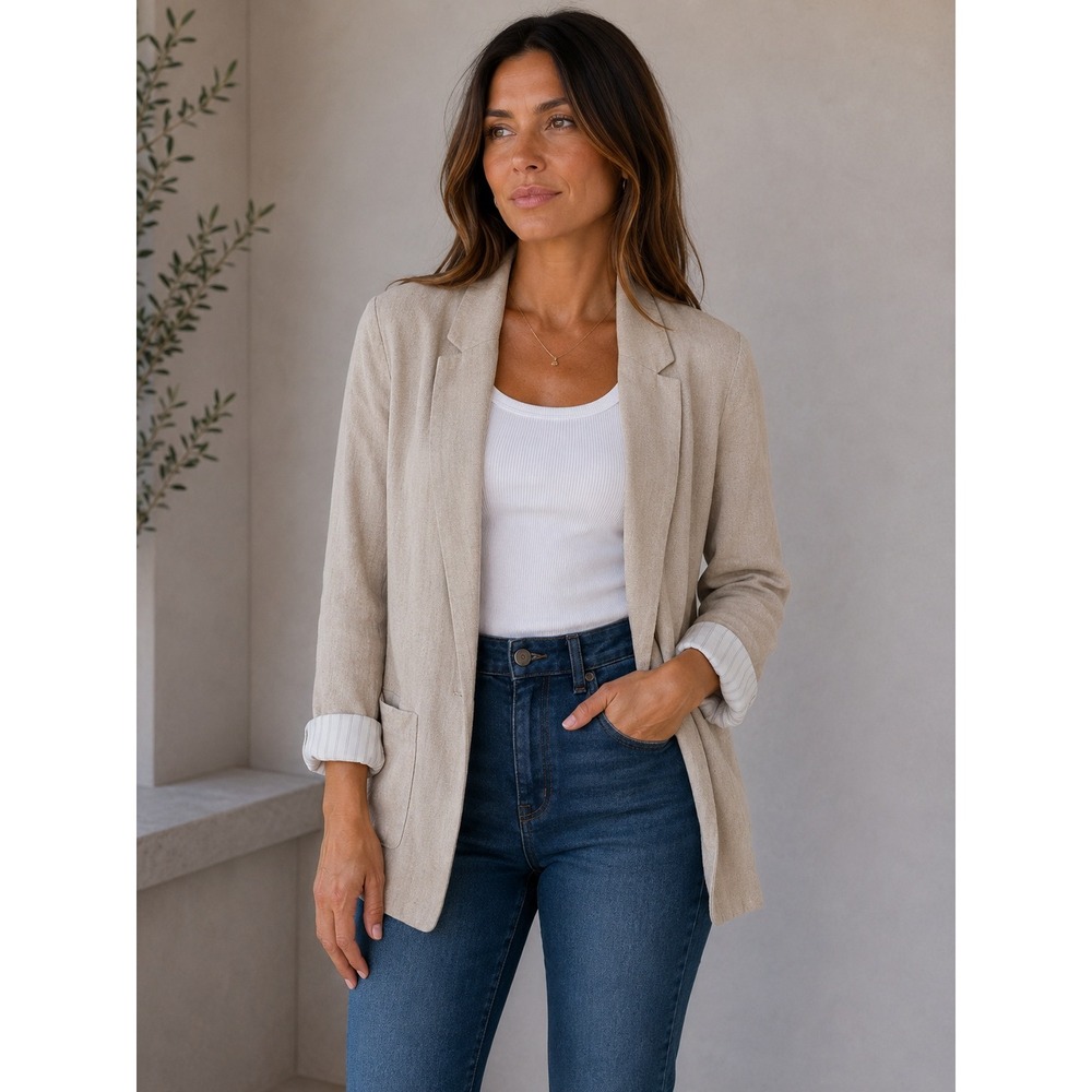 Simply Vera Vera Wang Beige Linen Blend Open Front Blazer XL Career Office